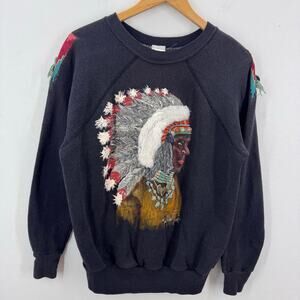Vintage Wrangler Hand Painted Native American Sweatshirt Distressed Grunge USA